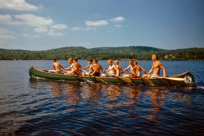 Photo showing: Camp Sunapee Canoe Crew -- July 1955. Art Brooks and boys canoeing on Little Lake Sunapee, New Hampshire.