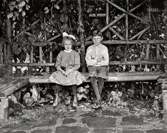 Photo showing: The Grapes of Youth -- Detroit or thereabouts circa 1910. Boy and girl seated in rustic arbor.