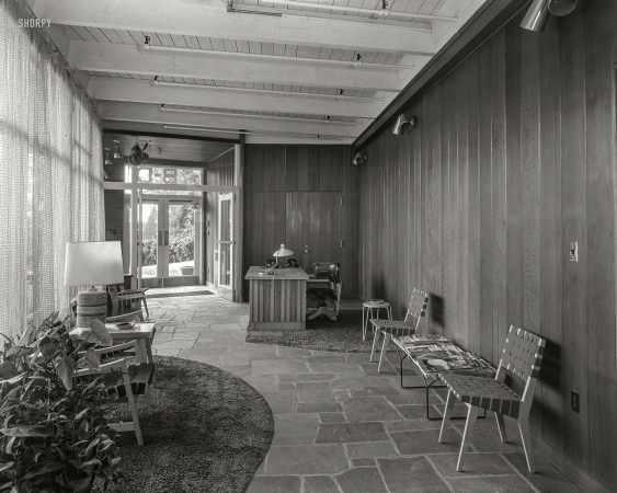 Photo showing: Executive Patio -- Oct. 12, 1953. Becton Dickinson, East Rutherford, New Jersey. Interior from entrance to rear reception room.
