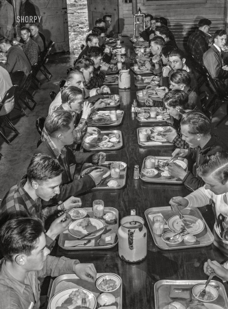 Photo showing: Boy Dinner -- February 1943. Farm short course at the University of Wisconsin. The cafeteria in the school.