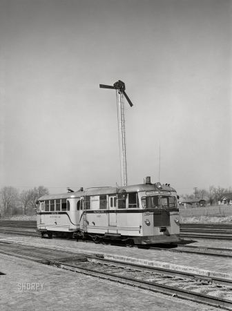 Photo showing: Defect Detective -- March 1943. Kiowa, Kansas. An Atchison, Topeka & Santa Fe rail detector car.