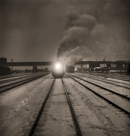 Photo showing: Night Freight. -- January 1943. Freight operations on the Indiana Harbor Belt railroad between Chicago and Hammond, Indiana.